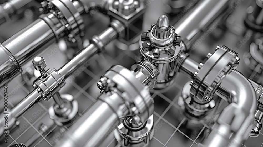 Poster a complex network of industrial pipelines intertwine and connect through a series of valves and fitt