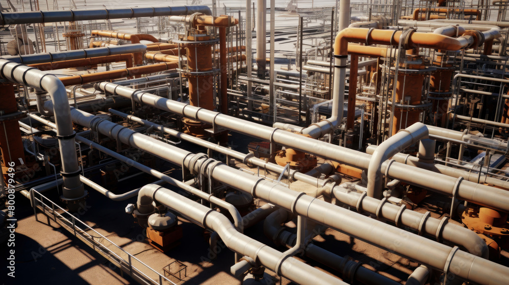 Aufkleber a complex network of pipes and valves crisscrossing through a large industrial area, showcasing the 