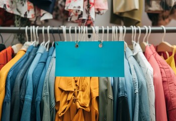Blank blue label hanging on a rack with assorted casual clothing in the background.
