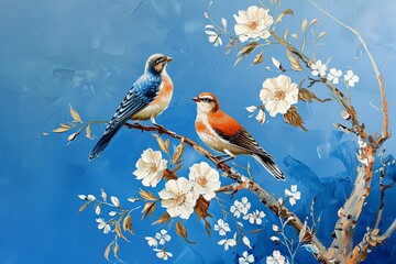 Blue Background Tranquil Autumn Morning Canvas: Birds and White Flowers in Oil Painting Style