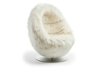 A plush faux fur egg chair in white, isolated on solid white background.