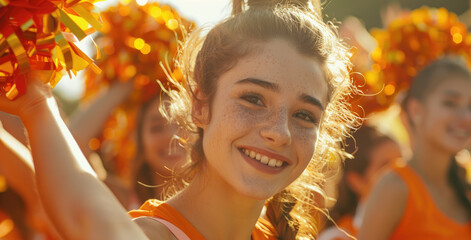 Close up of cheerleaders cheering at the game, orange and yellow colors