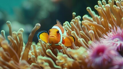 Naklejka na ściany i meble A captivating image of a clownfish peeking out from an anemone, showcasing the symbiotic relationships and intricate balance within coral reef ecosystems on World Reef Awareness Day.