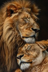 Fototapeta premium a lion and a lioness cuddling together