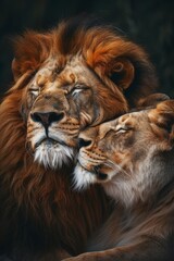 Fototapeta premium a lion and a lioness cuddling together