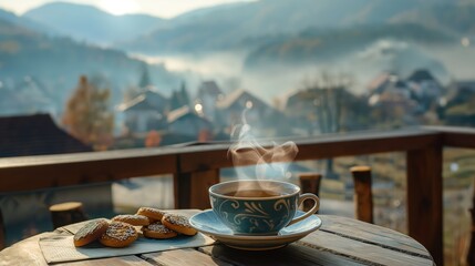 Cup of tea with a summer view of the countryside. Generative AI