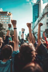 A group of people are holding up their hands in the air - obrazy, fototapety, plakaty