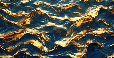 Golden and dark blue smooth liquid waves abstract background. Generative AI