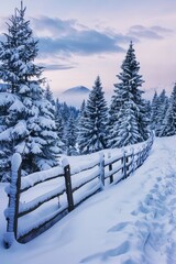 Winter Sunset Over Snow-Covered Pine Trees and Wooden Fence in Mountain Landscape