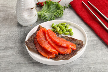 Sliced salmon sashimi in the plate