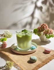 抹茶ラテとテーブルセッティング