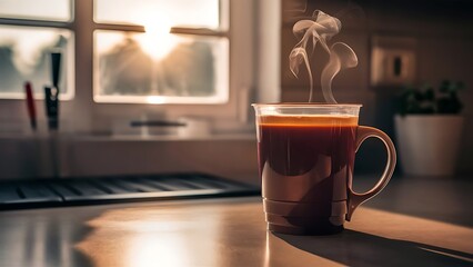 Obraz premium A plastic coffee mug placed at the counter gives a warm glow in the morning