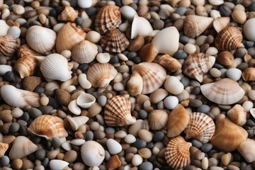 'assorted shells panorama seashells back sea pebbles shell seashell mix beach lot variety banner long thin texture background scallop many nature pretty marin'