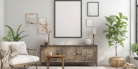 empty picture frame hanging on the wall in front of a modern wooden sideboard. black white frame mockup with plant on white wall with wooden sideboard