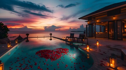 Romantic Seaside Villa with Heart Shaped Pool and Floating Rose Petals at Dusk