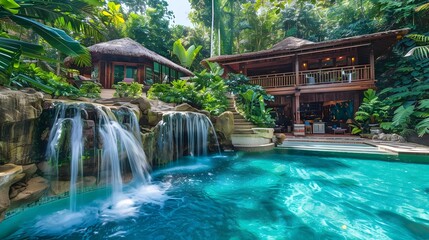 Tropical Rainforest Oasis with Cascading Waterfall and Tranquil Pool Villa