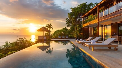 Naklejka premium Sunset Seaside Luxury Villa with Illuminated Pool Offering Warm Inviting Ambiance