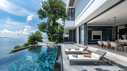 Sleek and Sophisticated Seaside Villa with Striking Pool Design and Minimalist Aesthetic