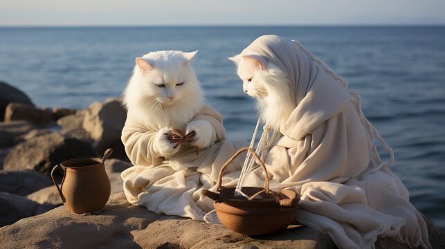 Cats knitting in Atlantis Surrealistic action photo Clean and Clear Color
