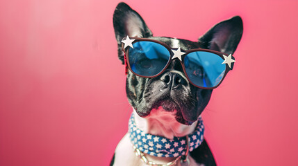 Cute Boston Terrier Dog Wearing Fourth of July belt and sunglasses, generative Ai