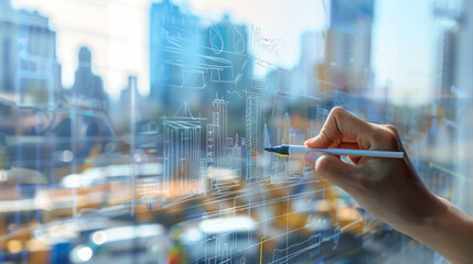 Hand of an architect drawing a futuristic cityscape concept on transparent glass with urban background.