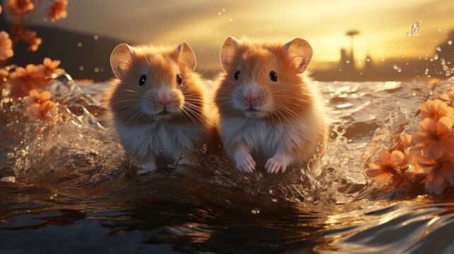 Hamsters surfing tsunamis Surrealistic action photo Clean and Clear Color