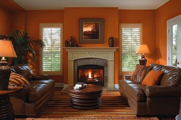Southwestern Leather Sofa & Navajo Rug Living Room with Terra Cotta & Mustard Palette