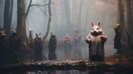 Pigs showcase magic shows in the forest Surrealistic action photo Clean and Clear Color