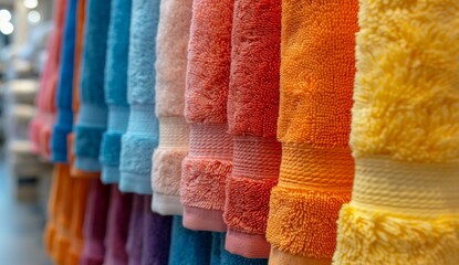 Colorful Array of Hanging Towels, Hygiene and Freshness in the Bathroom