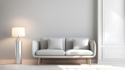 A white couch sits in a room with a white wall and a window