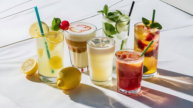 Set with different refreshing summer beverages on white background