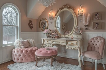 Fashionista's Dream: Luxurious Pink, Gold & White Dressing Room with Crystal Chandelier