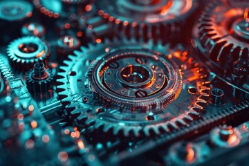Mechanical Gears and Cogs Illuminated in Blue

