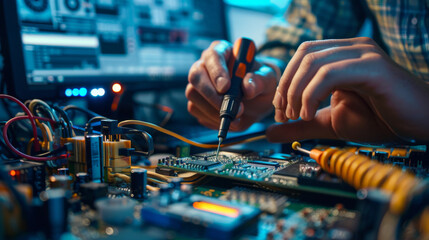 An electronics technician expertly soldering components onto a circuit board with focus on the soldering iron.