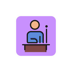 Line icon of man sitting at table. Consultant, helpdesk, reference data. Info concept. Can be used for topics like business, internet, service