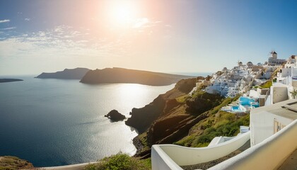 Santorini, Greece: Famous for its whitewashed buildings, blue-domed churches, and dramatic cliffs overlooking the Aegean Sea - obrazy, fototapety, plakaty