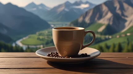 Cup of hot coffee or tea on background of picturesque mountain view. Based.generative.ai