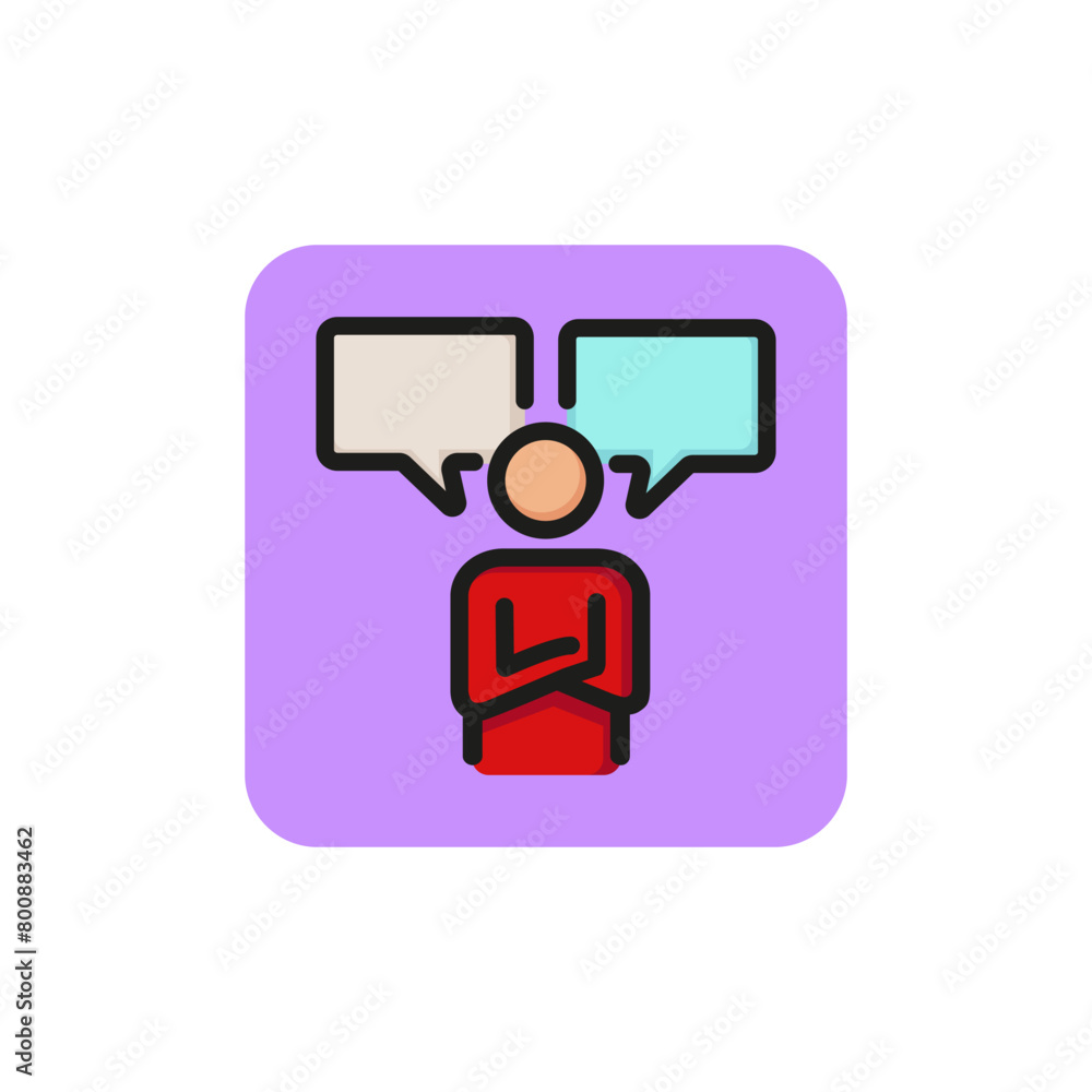 Poster line icon of man with two speech bubbles. dialogue, chatting, opinion. communication concept. can be