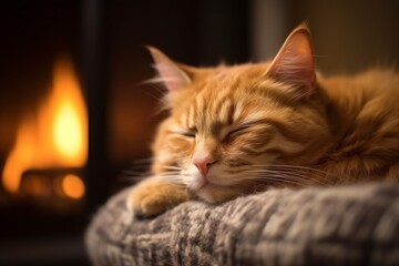 Naklejka premium close up of a cat, nestled on a cozy rug near a crackling fireplace