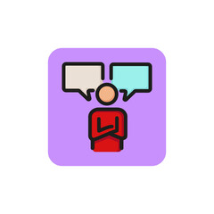 Line icon of man with two speech bubbles. Dialogue, chatting, opinion. Communication concept. Can be used for topics like networking, internet, applications