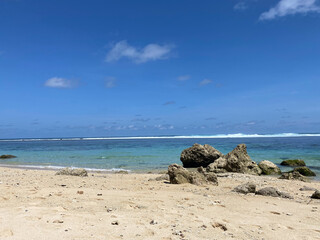 beautiful Bali beach with rocks and a blue sky