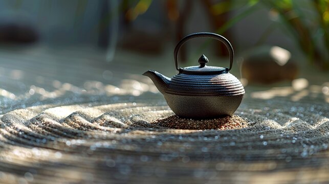 Teapot, Sand Garden, Minimalistic and peaceful, inspired by Japanese Zen gardens Teapot resting on raked sand with tiny pebbles Photography, Silhouette lighting, Vignette effect