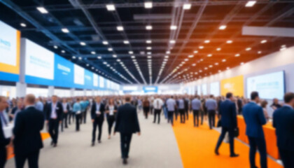 Business conference, trade fair, expo hall, crowd activity and attendees, blurred background, copy space - obrazy, fototapety, plakaty