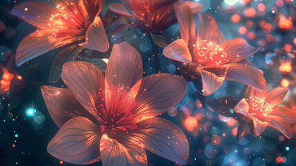 Radiant blossoms of interstellar light, blooming in the garden of the night sky with ethereal splendor.