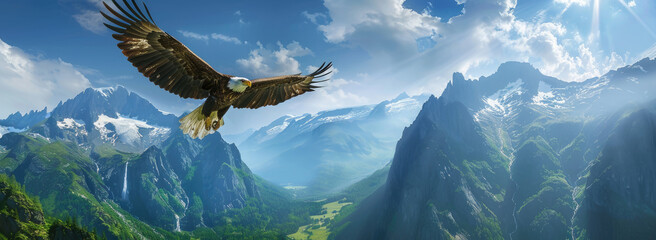 Bald eagle flying over green mountains, alps in the background, blue sky