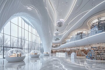 Futuristic Library: Spherical Reading Pods, Holographic Displays & Innovative Architecture