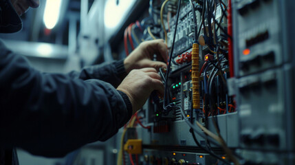 Focused engineer adjusting cables and equipment in the sophisticated environment of a network server room.