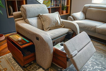 A recliner with a built-in storage compartment, keeping essentials within reach.