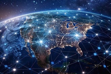 Global Cyber Connectivity: Mapping Data Exchange Across Continents - obrazy, fototapety, plakaty