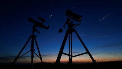 Astronomical telescope and camera on a startracker tripod for observing and capturing stars,...